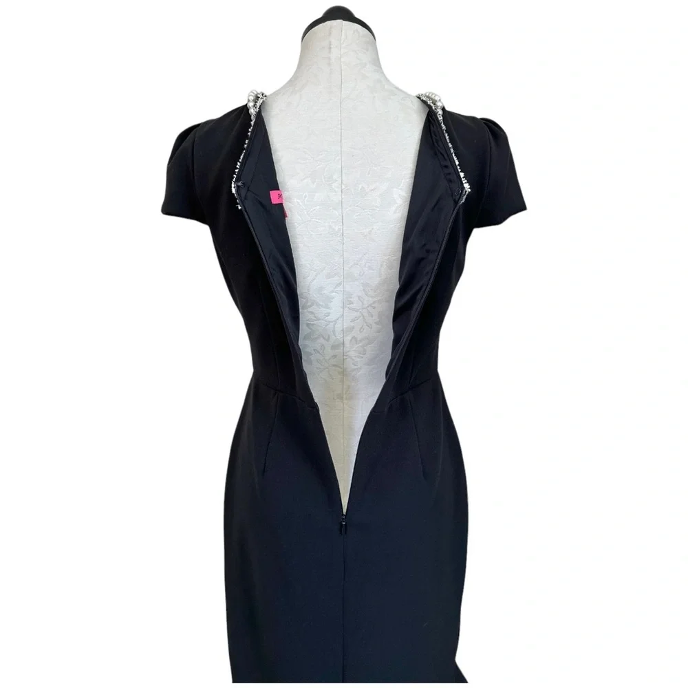 Betsey Johnson Black Dress Pearl Fringe Collar Black Cap Sleeve Ruffle Hem Sz 8 - Picture 11 of 16